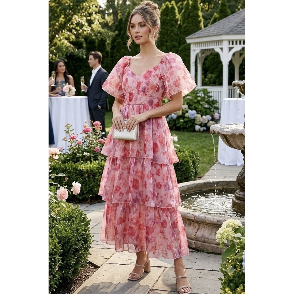 Baltic Born Size L Emeline Tiered Maxi Dress Pink Floral Wedding Guest Garden